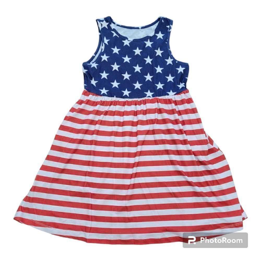 Girl USA Flag Patriotic Tank Dress With Pockets Midi Size 130 Cotton & Spandex